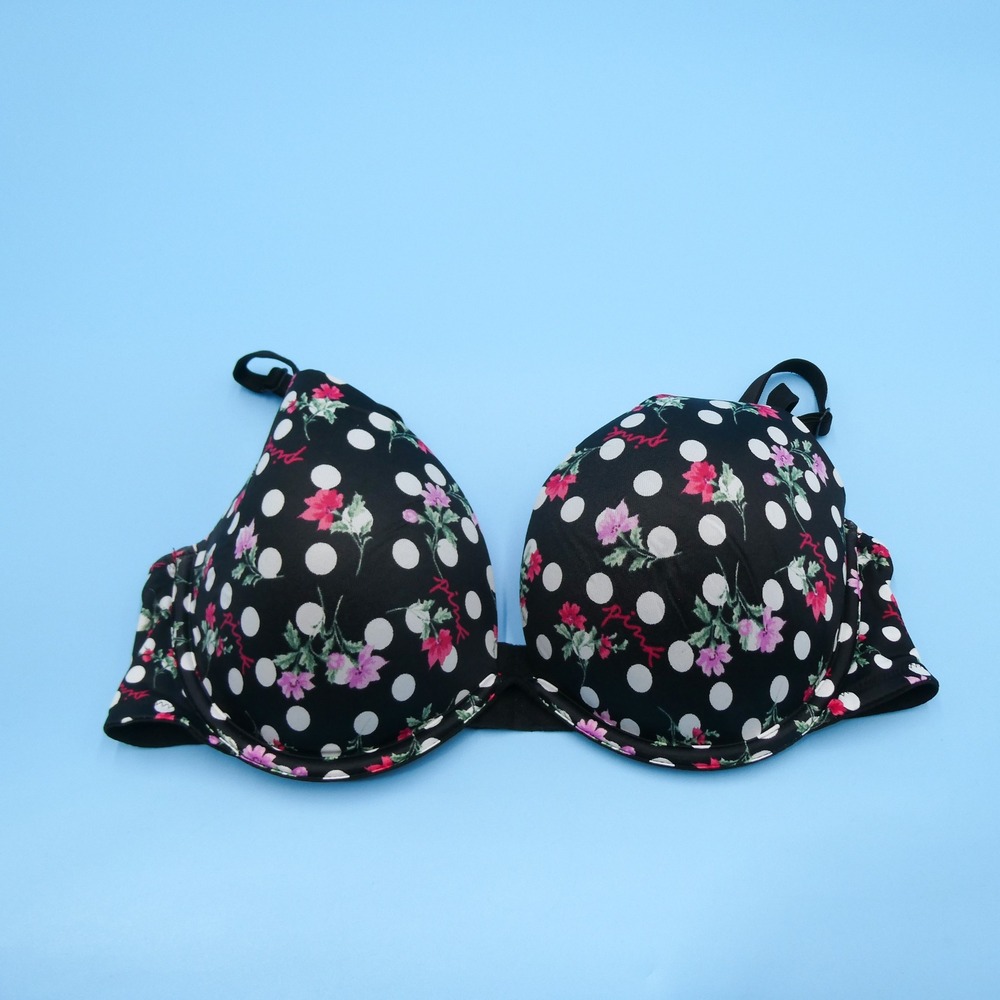 PINK Victoria's Secret Bra Womens 36C Wear Everywhere Super Push Up Black Floral